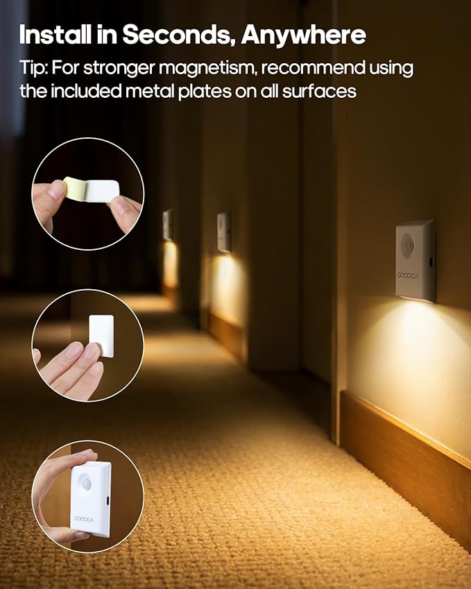 Rechargeable Battery Night Light with Motion Sensor, Wireless, Magnetic & Dimmable Stair Light, Portable Mini 3000K Warm White Stick-on Indoor Night Light for Bathroom, Hallway, Toilet, Bedroom, Stair