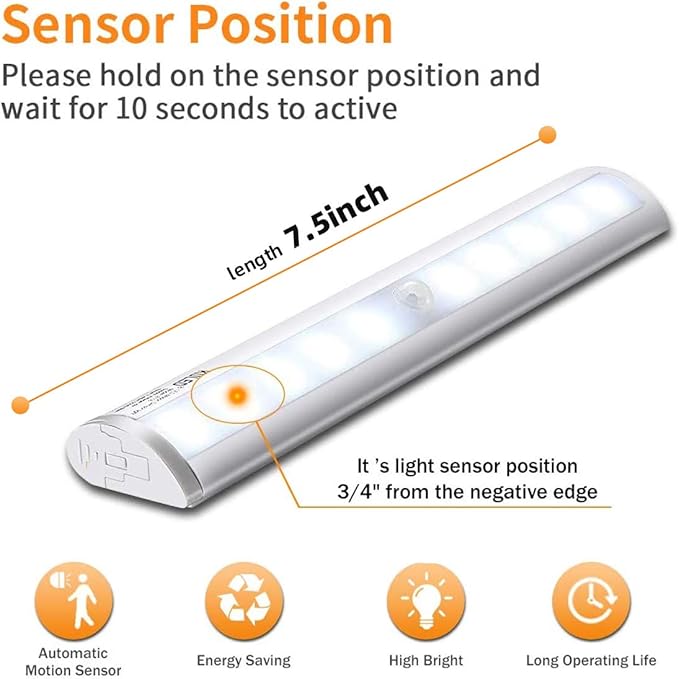 KULED 10-led Motion Auto Sensing LED Light, Battery Powered DIY Stick-on Under Cabinet Anywhere Portable Wireless with Magnetic Tape Strip Night Light 3 Pack