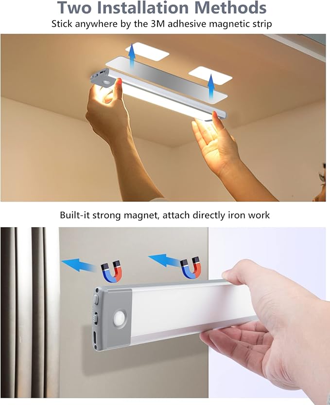 PRIORARE 35 LED Under Cabinet Lights, Wireless 3 Color Motion Sensor Light Indoor, Led Closet Light 1000mAh USB-C Rechargeable Stepless Dimmable Night Light, Under Counter Lighting 2 Packs