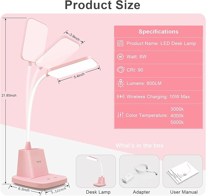 Pink Desk Lamp, Small Desk Lamp with Pen Holder, Wireless Charger LED Desk Lamps for Home Office, Kids Desk Lamps 800LM Flexible Arm 3 Modes Dimmable Touch, Study Lamps for College Dorm Room