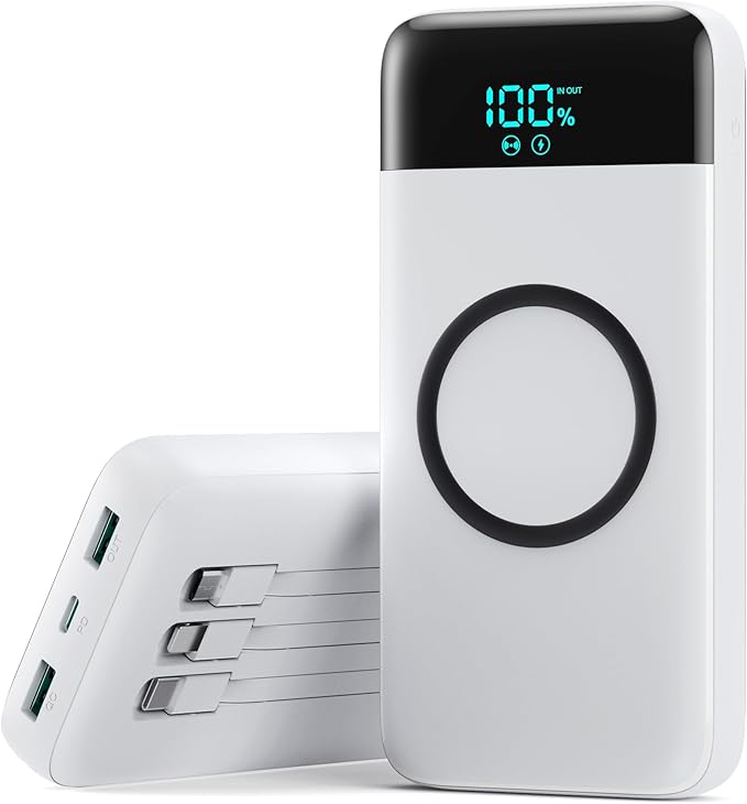 YHO Wireless Portable Charger 40800mAh for iPhone with Built-in Cables, 15W Wireless Charging USB C Power Bank,25W PD Fast Charging Travel Essential Battery Pack for iPhone 17/16/15,Android-White