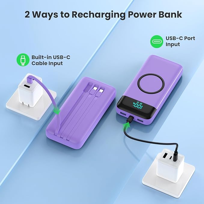 Wireless Portable Charger 40800mAh for iPhone with 3 Built-in Cables,7-in-1 15W Wireless Charging USB C Power Bank,25W PD Fast Charging Travel Essential Battery Pack for iPhone 17/16/15,Android-Purple