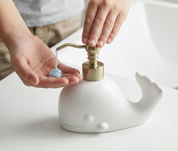 Cute Whale Shape Soap/Hand Sanitizer Metal Pump Dispenser, Refillable for Bathroom Accessories, Gifts for Kids (Matt White)
