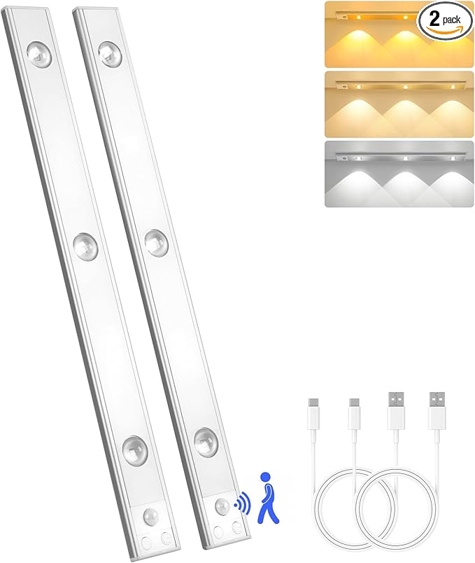 3 LED Under Cabinet Light, Under Counter Dimmable Lighting with Motion Sensor, USB Rechargeable Motion Sensor Light, Cat’s Eye Hill Corrugated Effect, for Display Cabinet, Showcase, Wine Cabinet