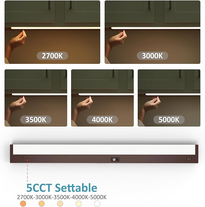 Leetdud LED Under Cabinet Lighting Motion Sensored Hardwired with Built-in Dimmer, 32 Inch 16W Dimmable 5 Color 2700/3000/3500/4000/5000K, Linkable Eyes Care for Kitchen, Counter, ETL Listed, Bronze