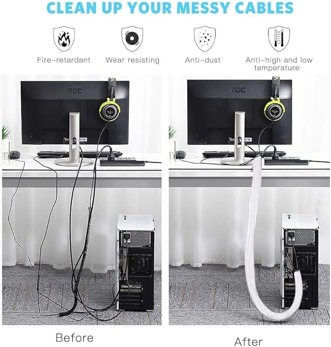 AGPTEK Cable Sleeve, 6.6ft - 2/3 inch Cable Management Desk Cord Cover Organizer Wire Hider for Home Office Computer TV Wire Loom Tubing Pet Proof Cord Protector from Cat Dog Chewing, White