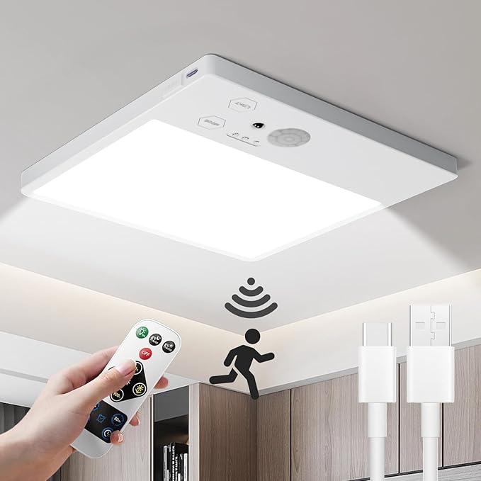Motion Sensor Ceiling Light, Closet Lights Motion Sensored, 10000mAh Rechargeable Wireless LED Light, IP54 Waterproof 3 Color Dimmable Magnetic Battery Operated Light for Shower Stair Garage Hallway