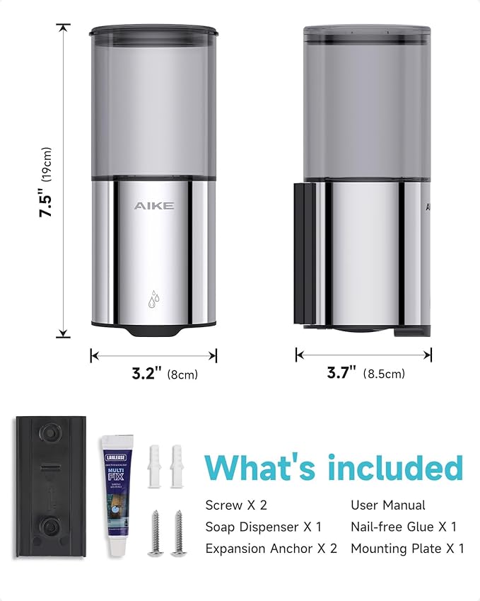 AIKE Automatic Wall Mount Liquid Soap Dispenser for Home and Commercial Bathroom 13.5oz IPX7 Waterproof,Polished Stainless Steel