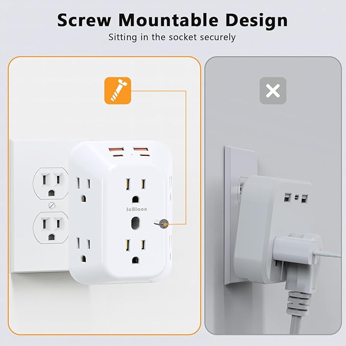Outlet Extender Surge Protector, 6 Outlet Surge Protector Extender with 4 USB Ports (2 USB C) and Night Light, 1050J 4 Sided Multi Plug Wall Outlet for Home Office Dorm Essentials