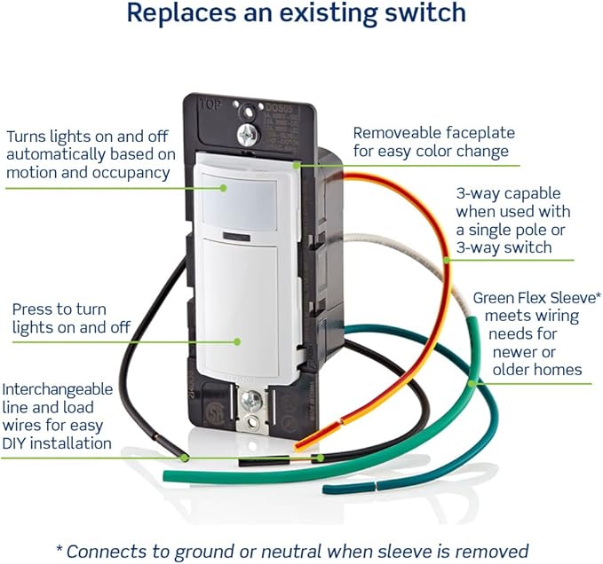 Leviton Motion Sensor Light Switch, Motion Activated, Auto-On/Auto-Off or Manual-On, 5A, No Neutral Wire Required, Single Pole or 3-Way, DOS05-1LZ, White/Ivory/Light Almond