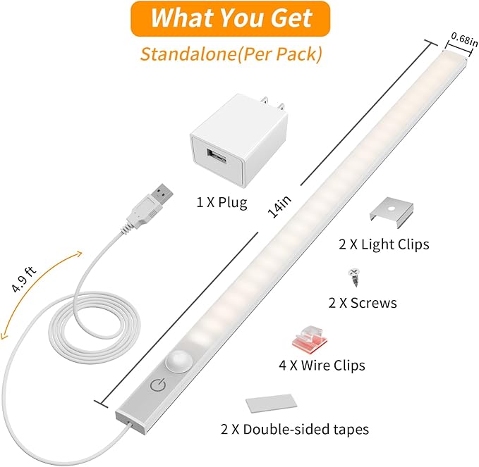 14" Slim USB Plug-in LED Motion Sensor Light Indoor, Bright & Dimmable Under Cabinet Light - 3 Modes (ON/Night/Day) for Kitchen, Cabinet, Closet - 4000K Neutral White, 2 Pack (Standalone)