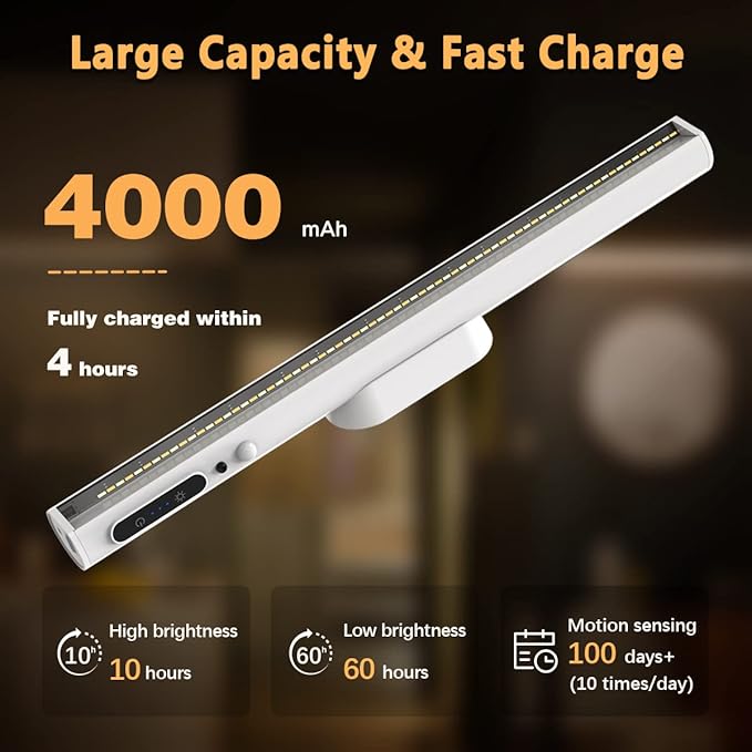 Hapfish Motion Sensor LED Light Bar Indoor, Rechargeable Under Cabinet Lighting Wireless, Magnetic Battery Powered Operated Wall Strip Lights with Remote Control for Desk Mirror Closet – White