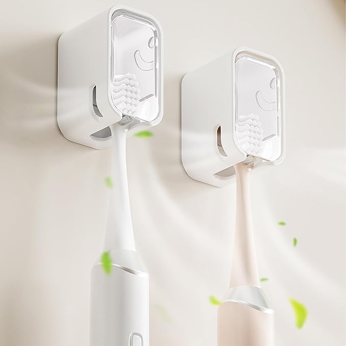2 Pack Toothbrush Holders for Bathroom, Self Adhesive Wall Mounted Toothbrush Holder with Cover, Single Toothbrush Dispenser Storage Organizer for Family, Travel, Waterproof and Dustproof (White)