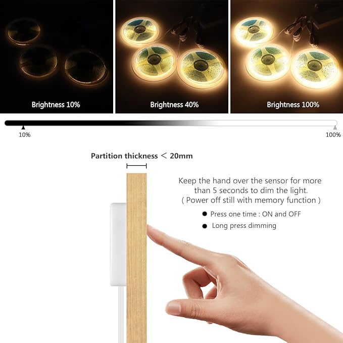 AIMENGTE Cabinet Light 12V COB LED Strip Lights, 6-in-1 Penetrable Touch Dimming, Suitable for Wine Cabinets, Shoe Racks, Display Cabinets, Wardrobes, Kitchen Cabinets, and Showcase Lighting
