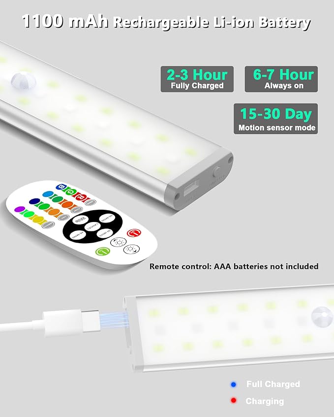 SZOKLED 58-LED Under Cabinet Lighting Wireless, RGB Motion Sensor Night Lights, Magnetic Under Cabinet Lights for Kitchen, Shelf, Stair, 15 Color (4 Pcs)