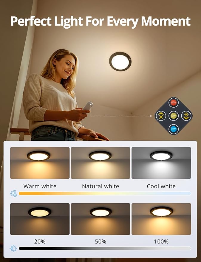 Combuh Black Operated Battery Powered Motion Sensor Ceiling Lights Wireless, Rechargeable 85 Day Battery Life Waterproof Inside Shower Lighting with Remote Magnetic Without Wiring for Garage Closet