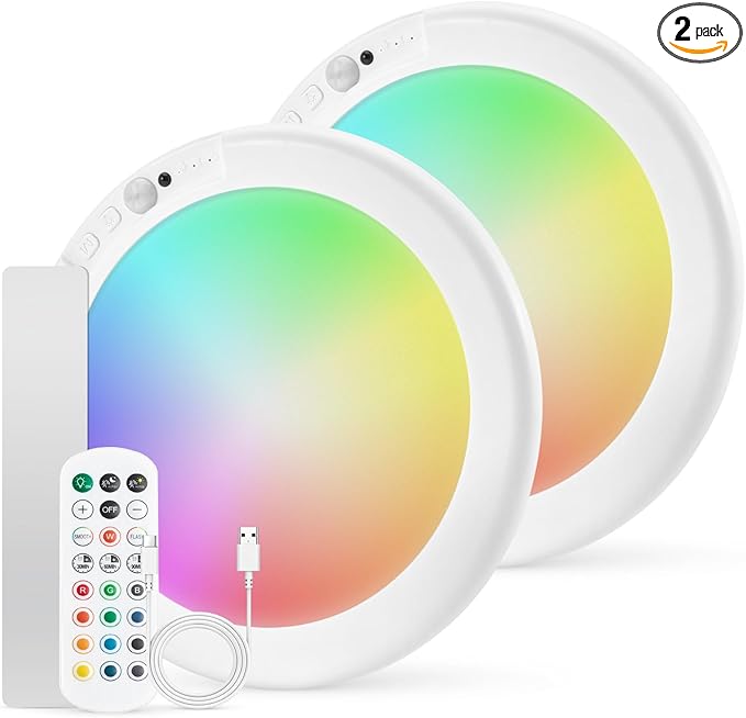 Combuh 2 Pack Rechargeable RGB Ambient Shower Light Waterproof Inside, LED 13 Color Changing Mood Lighting for Bathroom Cordless Battery Operated Stick on Ceiling Lamp with Remote for Bathtub Bedroom