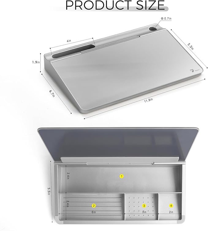 TOWON Small Compact Glass Desktop Whiteboard with Storage – 12 x 7 in Dry Erase Board for Desk, Home Office, School | Includes 5 Markers, Eraser & Holder | Space-Saving Organizer, Metallic Silver