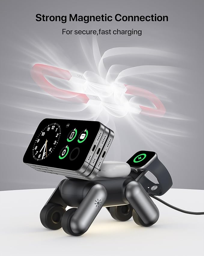 UEQ 3 in 1 Wireless Charging Station for Apple Devices,Foldable Cute Magnetic Mag-Safe Wireless Charger Stand with Night Light for iPhone 17 Air 16 15 14 13 12 Series,AirPods 4 3 2 Pro,Apple Watch