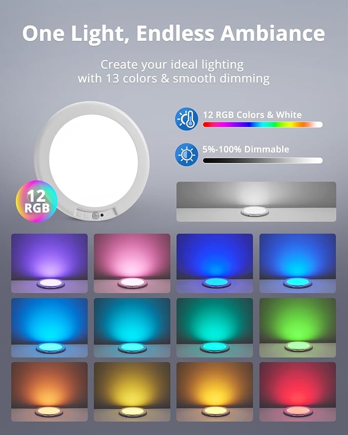 Combuh 2 Pack Rechargeable RGB Ambient Shower Light Waterproof Inside, LED 13 Color Changing Mood Lighting for Bathroom Cordless Battery Operated Stick on Ceiling Lamp with Remote for Bathtub Bedroom