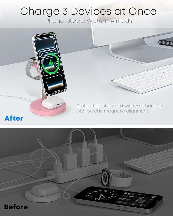 3 in 1 Magnetic Wireless Charging Station, 15W Fast Charger Stand for iPhone, Phone Charger Stand for Desk Nightstand, for iPhone 17/16/15/14/13/12, Apple Watch & AirPods, Adapter Not Included -Pink