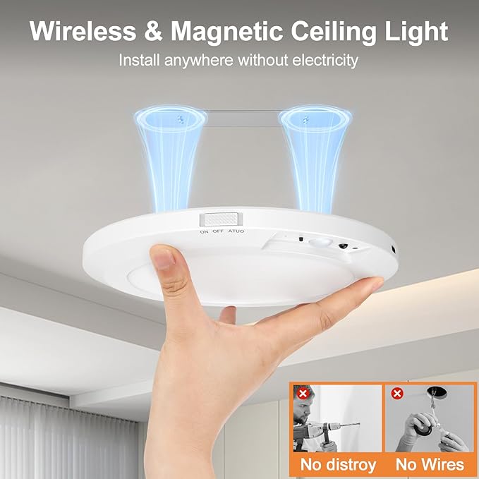 Yunaking Rechargeable Ceiling Light with Motion Sensor: Battery Operated LED Closet Light with Remote & Timing - Wireless Dimmable Magnetic Mount Shower Lamp for Bathroom/Stairs/Garage/Hallway