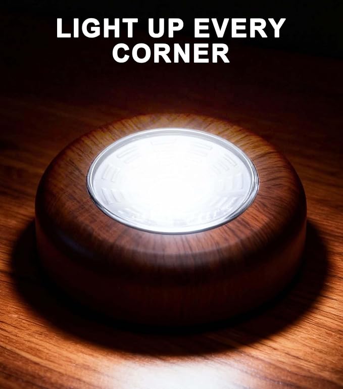 Wood Grain LED Puck Light, Wireless Tap Light Battery Operated, Stick On Push Lights, Under Cabinet Lighting for Closet, Wardrobe, Shelf, Showcase (6 Pack)