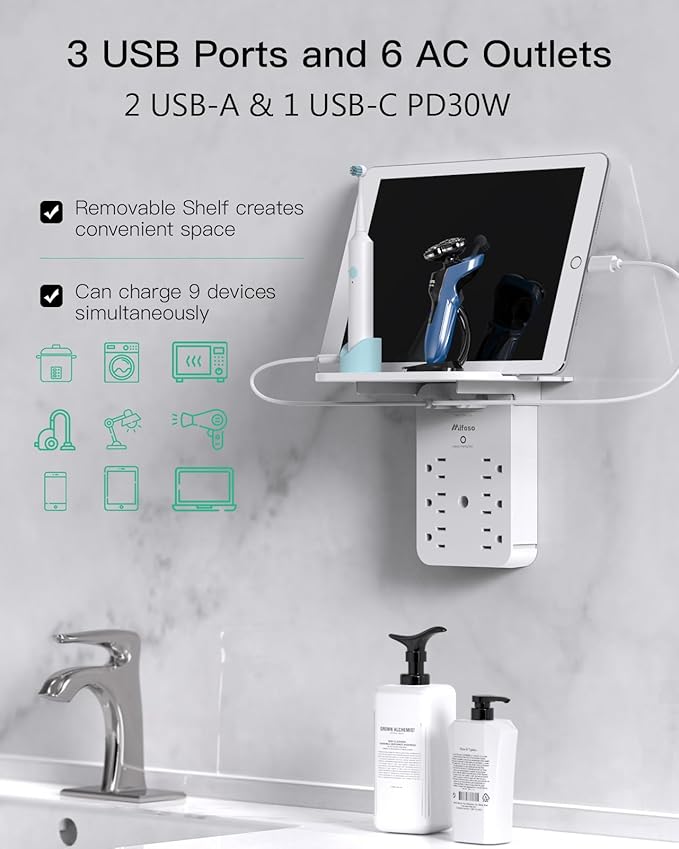 Wall Outlet Extender with Shelf, Surge Protector 6 AC Multi Plug Outlet, PD 30W USB Charger Station Splitter Expander for Home Room