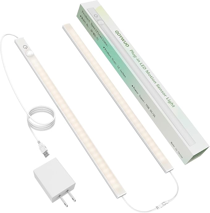 14" Slim USB Plug-in LED Motion Sensor Light Indoor, Bright & Dimmable Under Cabinet Light - 3 Modes (ON/Night/Day) for Kitchen, Cabinet, Closet - 4000K Neutral White, 1 Pack (2 Linkable)
