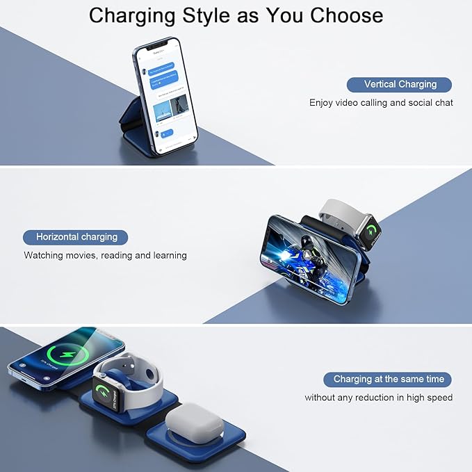 Wireless Charger 3 in 1,RTOPS Magnetic Traval Wireless Charging Station Multiple Devices,GaN 3 in 1 Charging Station,Compatible iphone17/16/15/14/13/Pro/Max,iWatch,AirPods4/3/2/Pro(Adapter Includes)