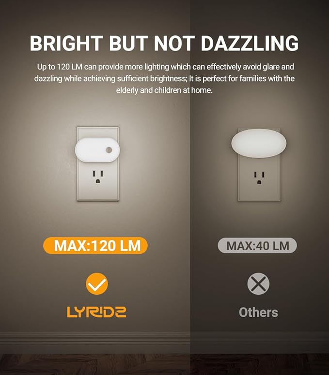Lyridz 120LM Ultra Bright Plug-in Motion Sensor Night Light, Stepless Dimmable LED Nightlight, Always-On and Auto-Off, for Hallway, Stairs, Bathroom, Bedroom, Garage, Cool White (6-Pack)