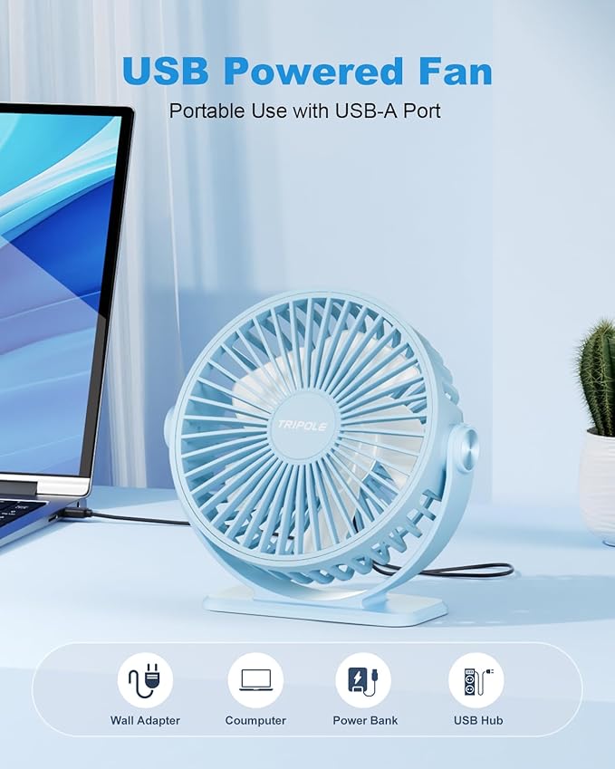 TriPole Small Desk Fan USB Powered Mini Portable Fan, 3 Speeds Strong Breeze Electric Fans, 360° Rotation Quiet Plug In Personal USB Cooling Fans for Desktop Bedroom Office Table Travel Cruise, Blue