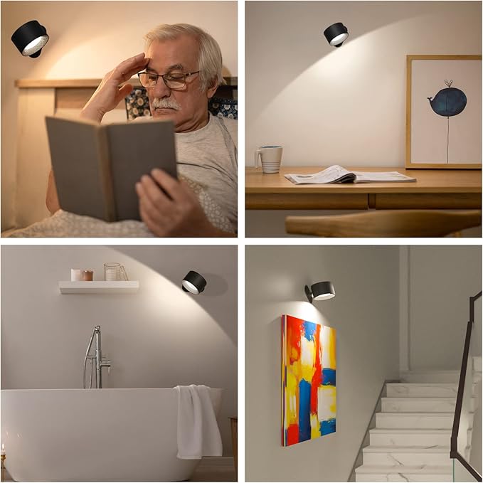 Deyagoo LED Wall Sconce, Wall Mounted Lamp with Rechargeable Battery Operated USB Port 3 Color Temperature & 3 Brightness Level 360°Rotate Magnetic Ball, Cordless Light for Reading Study Bedside