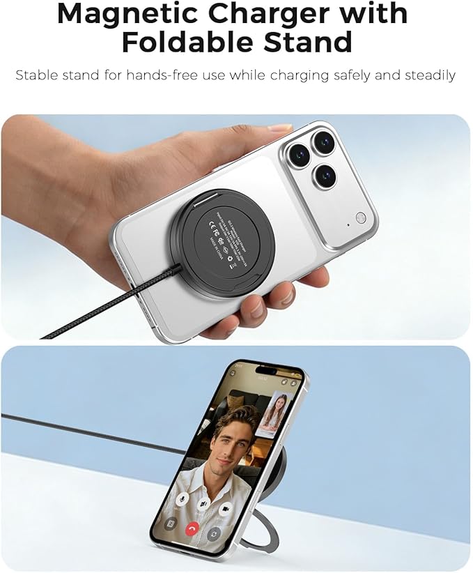 25W Magnetic Wireless Charger, Qi2.2 Fast Wireless Charging Pads with Kickstand,MagSafe Charger for iPhone 17/16/15/14 Series & AirPods 4/3/2/Pro, Samsung S26 S25 Series, Google Pixel, 2 Pack