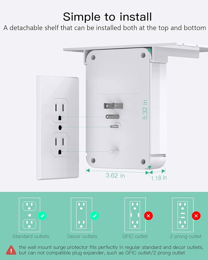 Wall Outlet Extender with Shelf, Surge Protector 6 AC Multi Plug Outlet, PD 30W USB Charger Station Splitter Expander for Home Room