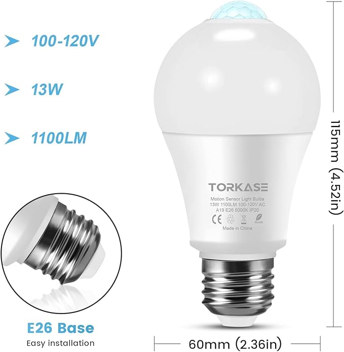 Motion Sensor Light Bulbs, 13W (100Watt Equivalent), Motion Activated Dusk to Dawn Security LED Bulb, 5000K Daylight, Energy-Efficient, for Indoor and Outdoor Lighting, Porch, Stairs, Hallway 2Pack