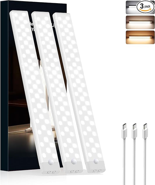12 Inches Under Cabinet Lighting 3 Packs, Rechargeable Motion Sensor Light Indoor, 3 Color Temps, Dimmable Closet Light Stick on, Under Counter Lights for Kitchen