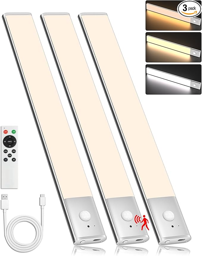 Under Cabinet Lighting Wireless Motion Sensor Light Indoor, 12" Rechargeable Kitchen Bar Lights, 300LM Ultra-Bright Cabinet Lights with Remote, 2500mAH, USB-C, 3 Colors, 3 Packs
