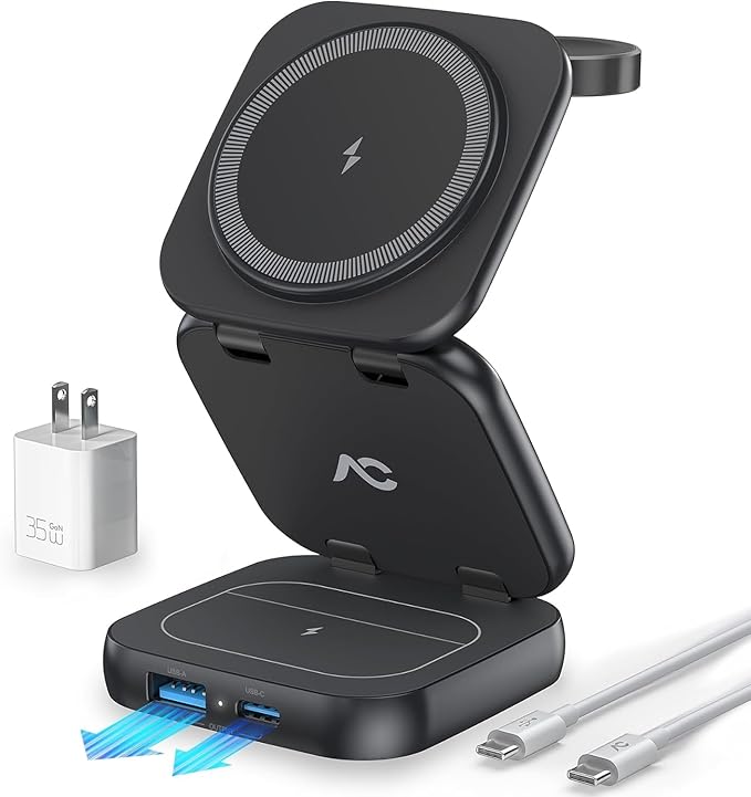 5-in-1 Wireless Charger for MagSafe, AC ISLAND Portable Travel Charging Station, 35W Max Qi2 Fast Foldable Magnetic Stand, Evolved for iPhone 17-12 Series, Apple Watch, AirPods (with 35W Adapter)