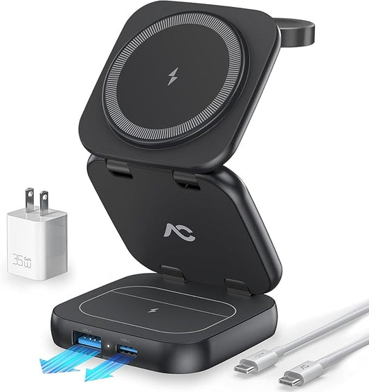5-in-1 Wireless Charger for MagSafe, AC ISLAND Portable Travel Charging Station, 35W Max Qi2 Fast Foldable Magnetic Stand, Evolved for iPhone 17-12 Series, Apple Watch, AirPods (with 35W Adapter)