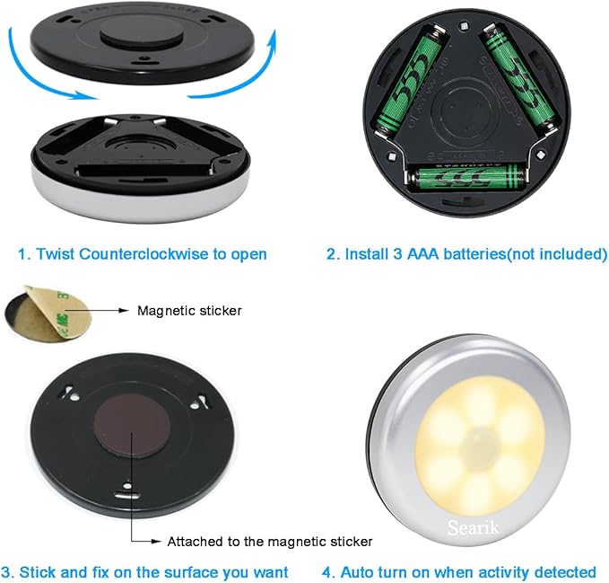 Searik Motion Sensor Night Light Indoor, Wireless Battery Operated LED Night Light Safety Lamp Step Lights Under Cabinet Lights for Stair, Bathroom, Closet, Hallway, Path