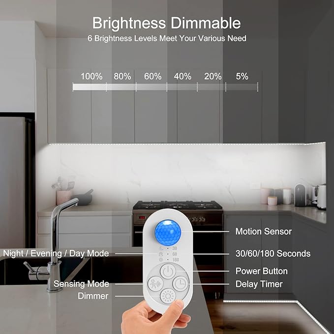 Under Cabinet Lights Plug-in Motion Sensor LED Strip Lights Indoor Cold White 6000K Super Bright 2000lm with 12V Adapter, Dimmer and Timer for Kitchen Cabinet, Shelf, Wardrobe, Stairway…