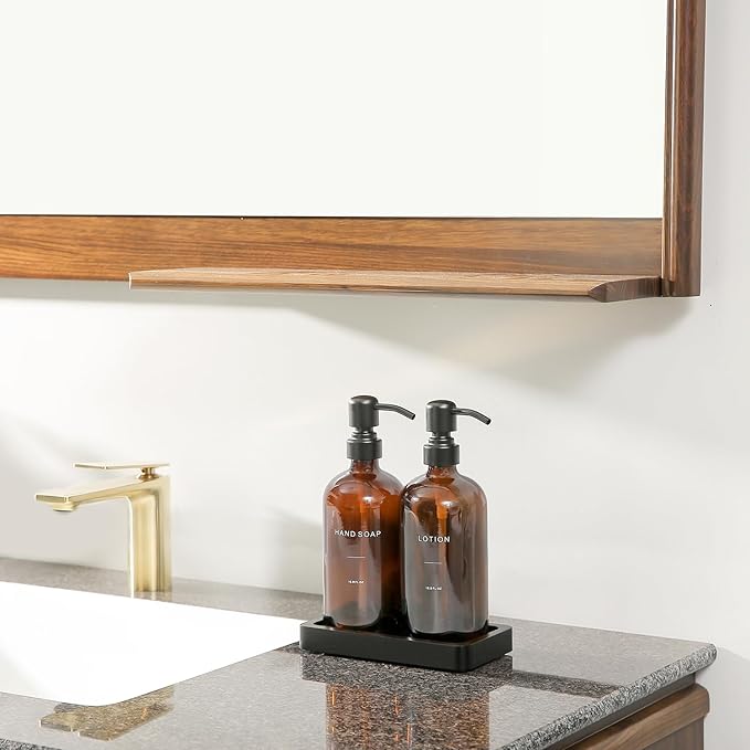 Prus Waso Amber Glass Soap Dispenser Set, Hand Soap and Lotion Set with Black Stainless Steel Pump, Perfect for Modern Bathroom Decor. (Amber)