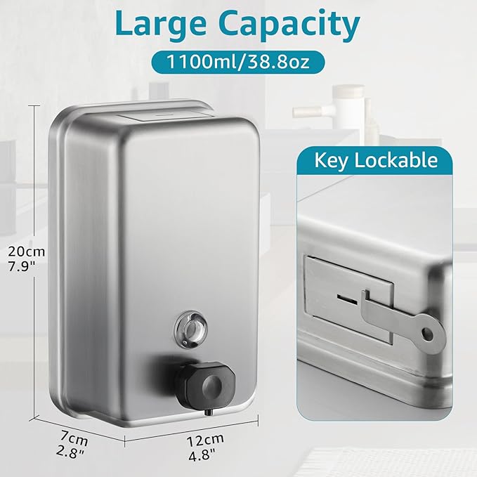 Commercial Wall Mount Soap Dispenser - Stainless Steel Bathroom Hand Soap 38.8oz Liquid - Anti-Leak Pump and Large Capacity Brushed Refillable