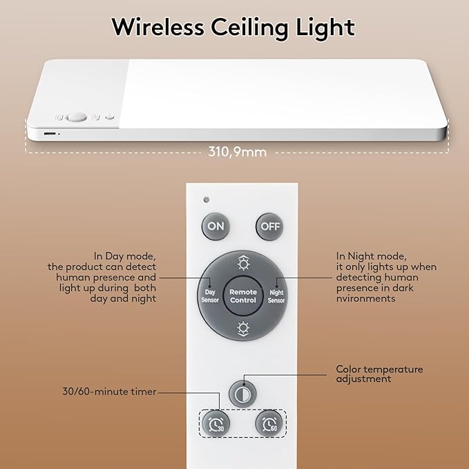 SNADER Rechargeable Motion Sensor Ceiling Light with Remote -12000mAh Battery Operated Ceiling Light Wireless - Motion Sensor Light Indoor for Closet, Bathroom, Garage, Stair, Hallway (1, 3 Colors)