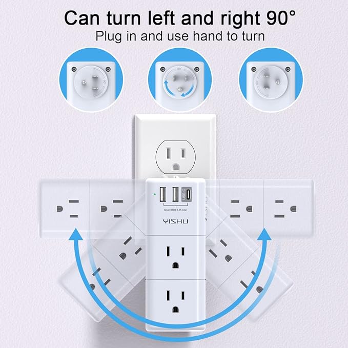 USB Multi Plug Outlet Extender - YISHU Surge Protector with Rotating Plug, 6 AC Plug Extender with 3 USB Ports, 3-Sided Swivel Power Strip Best Ideal Stocking Stuffers for Adults