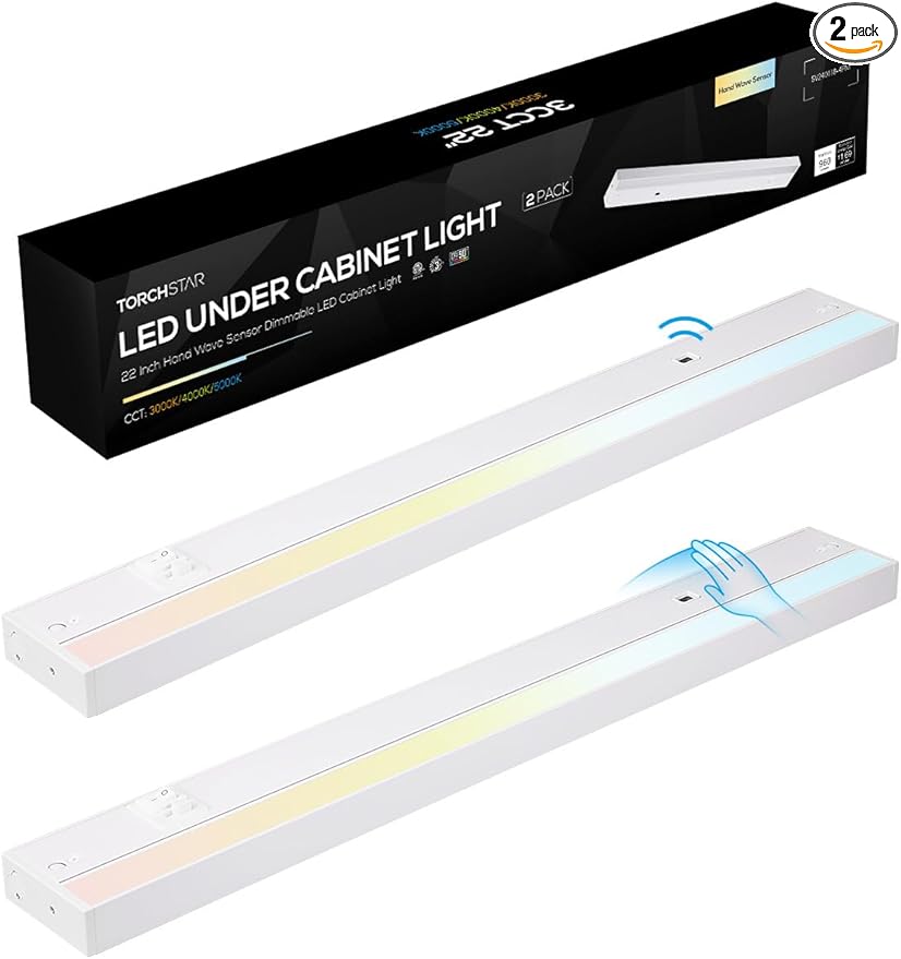 TORCHSTAR LED Under Cabinet Lighting 3CCT, 22 Inch 14W 960LM, Hardwired & Plug-in, Hand Wave Motion Sensor, CRI90 120V ETL Dimmable Under Counter Lights for Kitchen, White Aluminum Housing, Pack of 2