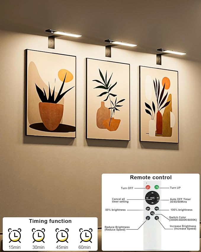 Wireless Picture Light for Wall, Rechargable Picture Light for Wall with Remote,3 Color Temperature 12'' Dimmable Magnetic,64 LED Art Light with Motion Sensor for Wall Painting, Frame, Portrait, Room