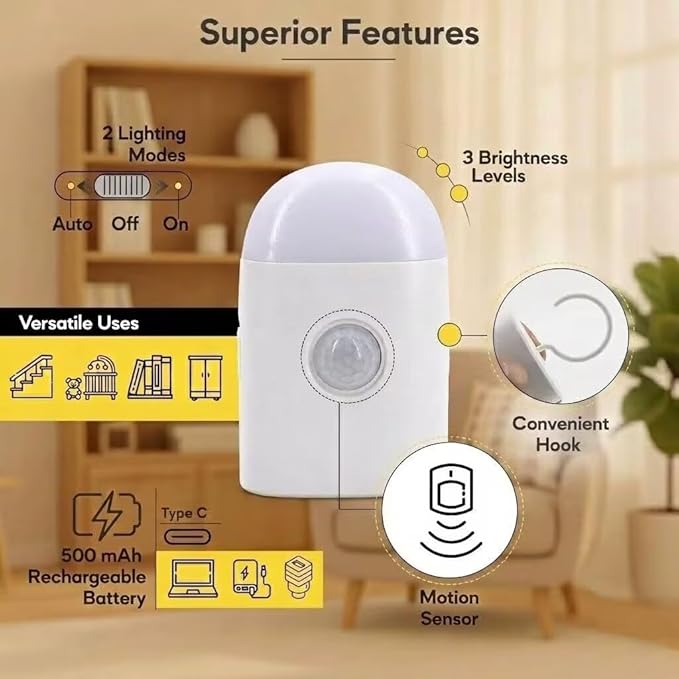 Motion Sensor LED Night Light,Warm White 3 Levels Dimmable Rechargeable Battery,Stick-On & Hook Mount Wireless Closet Light for Cabinet,Wardrobe,Stairs,Hallway,Bathroom,Bedroom,Camping(1 Pack)