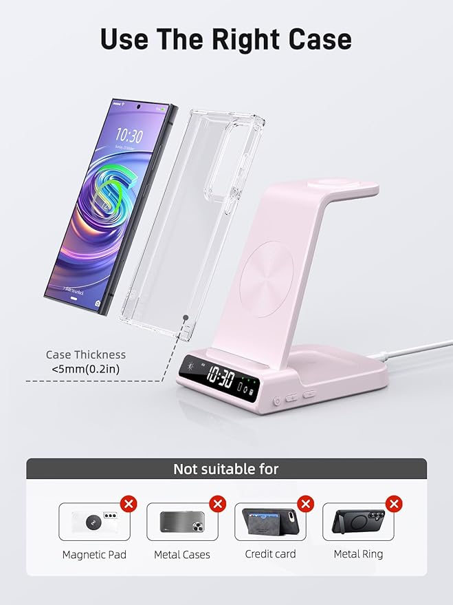 Wireless Charger for Samsung Charging Station: 3 in 1 Android Charging Stand with Dimmable Clock - Nightstand Organizer for Galaxy S25 Ultra, Galaxy Watch 8 7 6 5 4, Galaxy Buds (Not for iWatch)